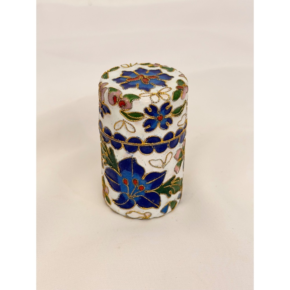 Vintage Cloisonne Enamel Floral Pill Box Toothpick Holder White Blue Gold Tone